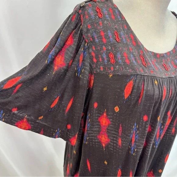 Lucky Brand Short Sleeve Top Womens XL Flutter Sleeves Beaded Tribal Relaxed Fit - Picture 4 of 8